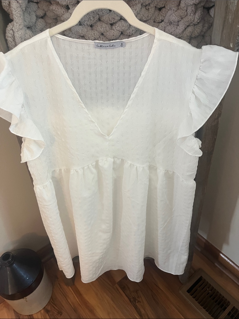 Cotton-Blend White V-Neck Ruffle-Sleeve Tunic by